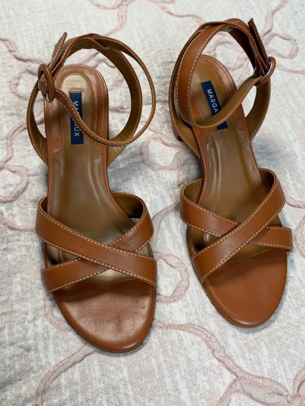 Margaux Brown Leather Block Heel Sandals 39 Crisscross Ankle Strap Spain